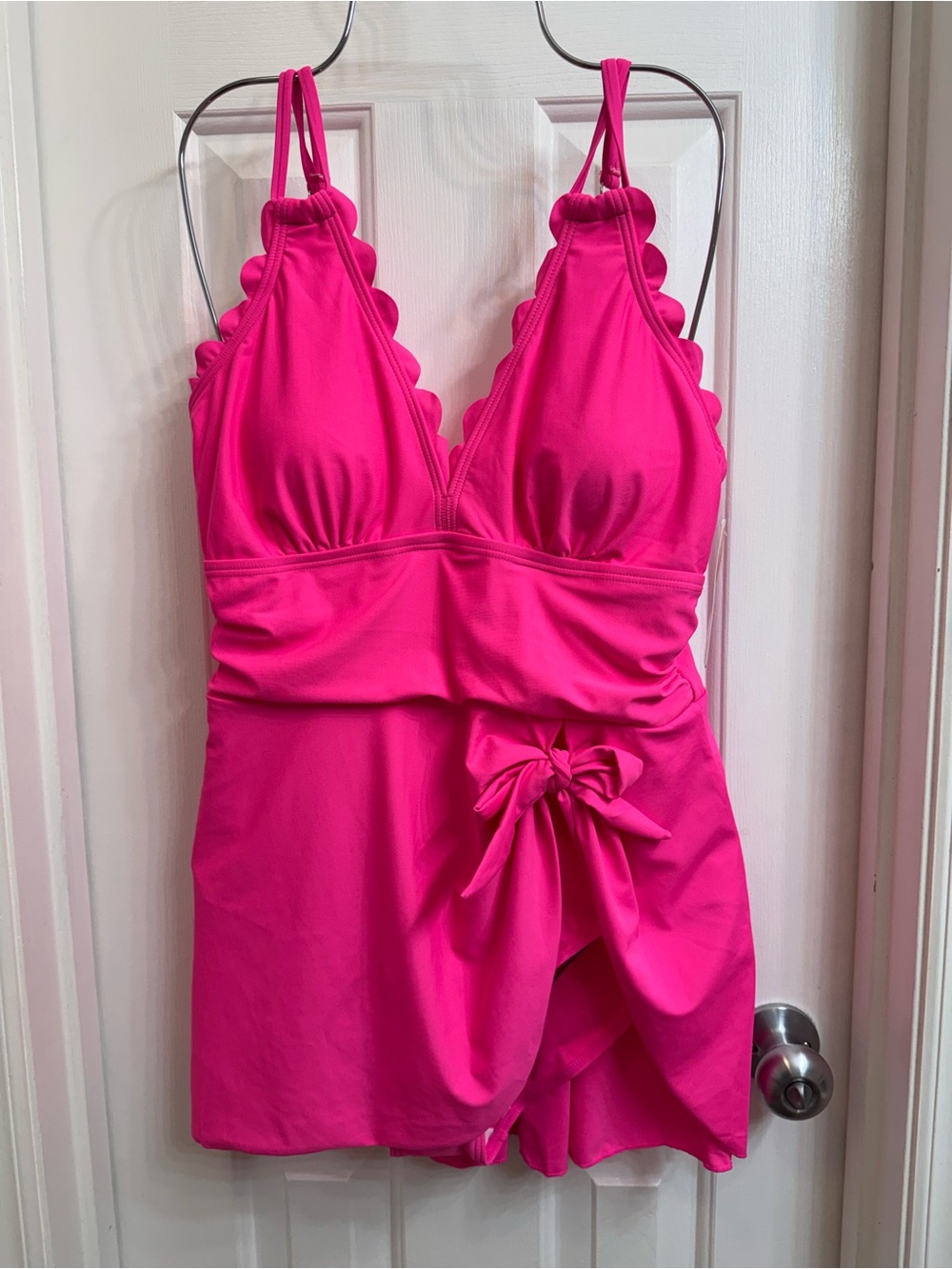 Charmo Women's Hot Pink Tummy Control Swimdress Scalloped V Neck with UPF 50+